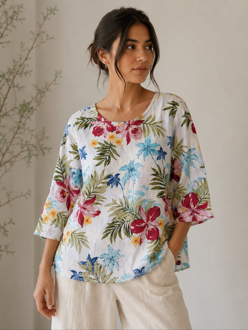 Hot Cotton Floral Linen Top 3/4 Sleeve Beach Shirt Wide Summer